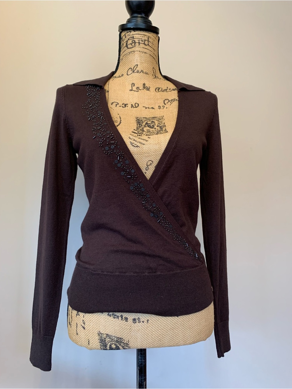 ESPRIT vintage brown faux wrap beaded rayon blend ladies sweater NWT size Small